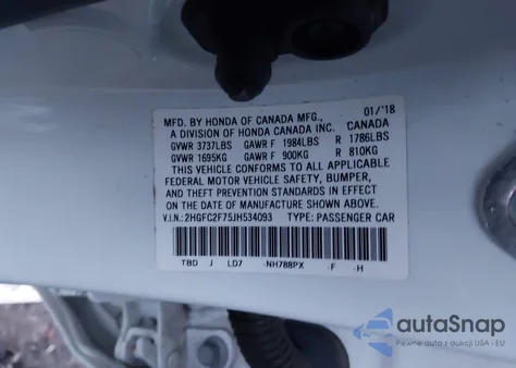 2018 Honda Civic Ex z USA, uszkodzony, nr VIN 2HGFC2F75JH534093